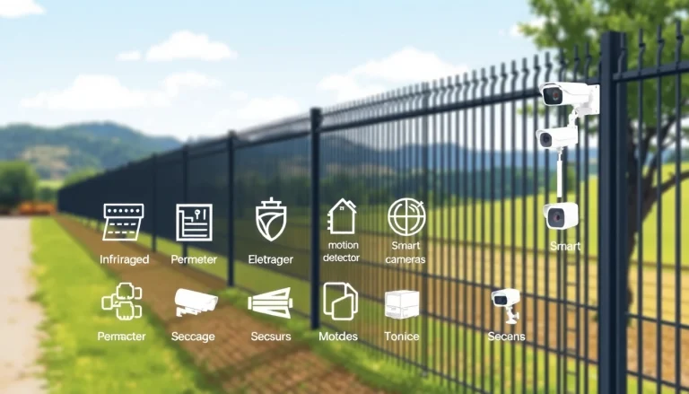 Types of perimeter detection systems with illustrated icons and a professional security setting.
