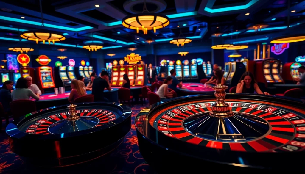 A diverse group of gamblers enjoying various games at 123win com 79 casino, including roulette and poker.