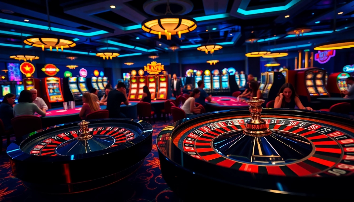 A diverse group of gamblers enjoying various games at 123win com 79 casino, including roulette and poker.