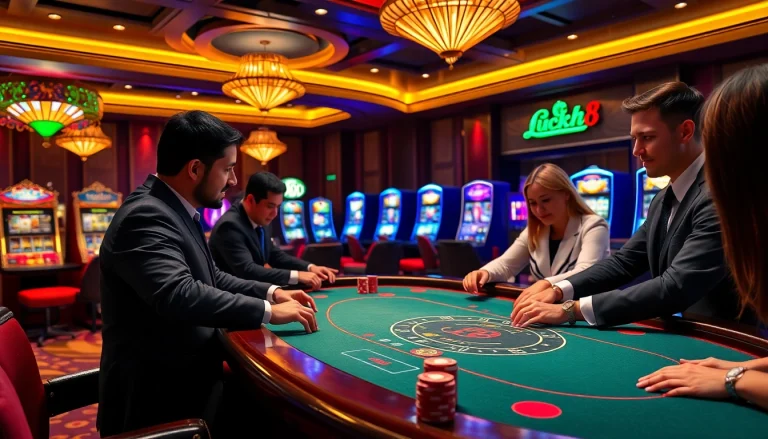 Luck8 casino scene featuring elegant game tables and vibrant slot machines for an immersive gambling experience.