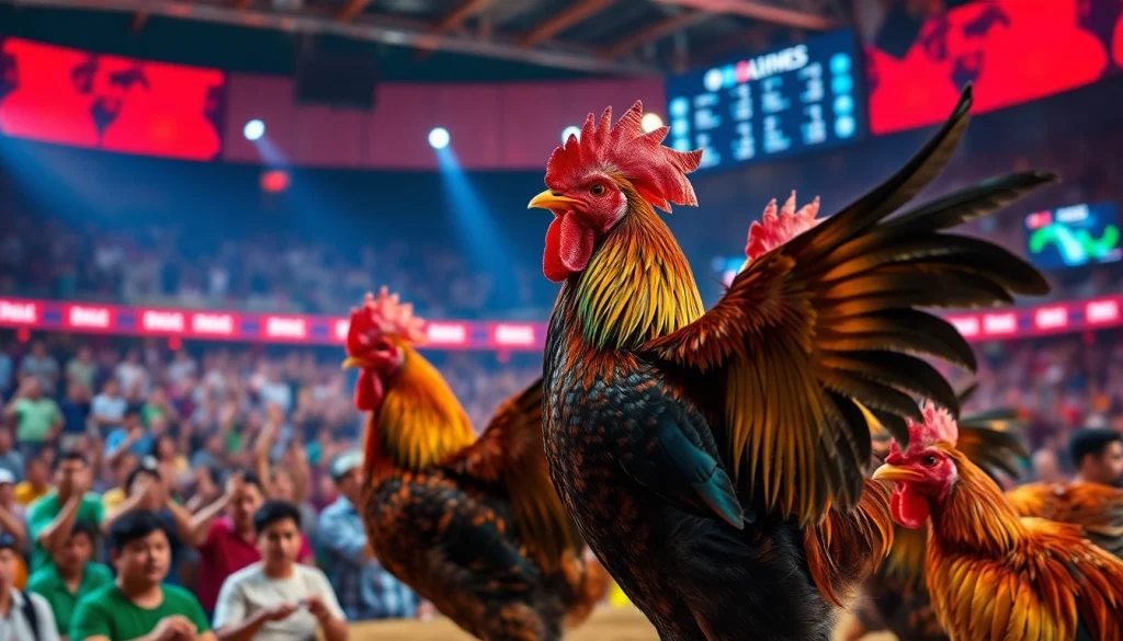 Live cockfighting event at dagawin.live showcasing vibrant action and professional atmosphere.