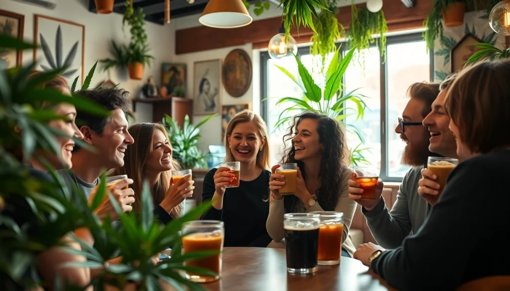 Patrons enjoying drinks at a Cannabis Coffee Shop lloret de mar surrounded by greenery.