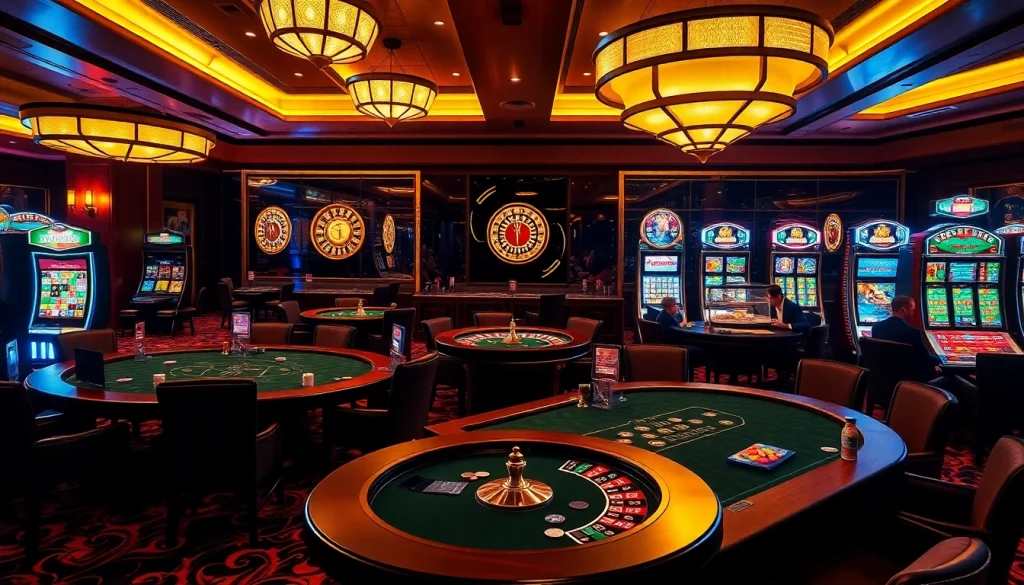 A vibrant scene of high-stakes gambling at PS99 with poker tables, roulette wheels, and slot machines.