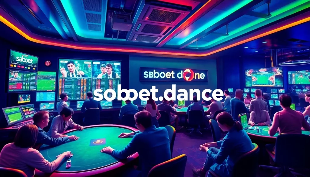 Exciting SBOBET.dance online betting scene with players engaged in poker and sports betting, bright colors and dynamic atmosphere.