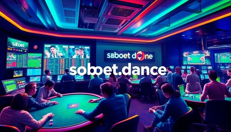 Exciting SBOBET.dance online betting scene with players engaged in poker and sports betting, bright colors and dynamic atmosphere.