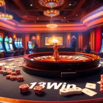 Experience high stakes gaming at 13Win casino featuring vibrant tables and a roulette wheel.