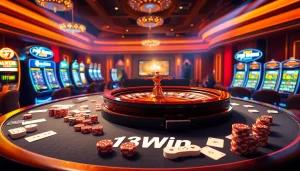 Experience high stakes gaming at 13Win casino featuring vibrant tables and a roulette wheel.