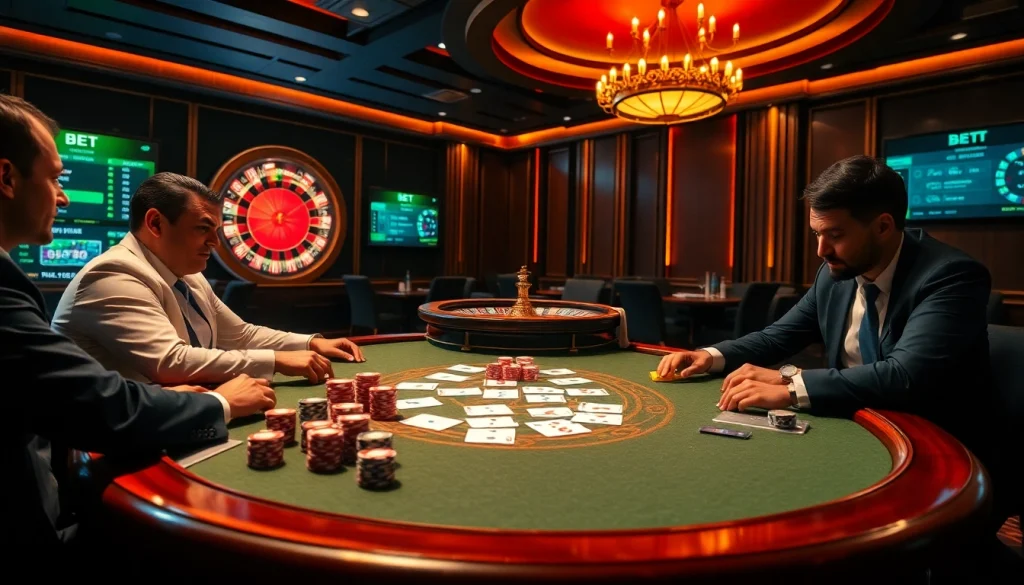 Players engaged in a thrilling poker game at Fb88 casino, surrounded by colorful chips and cards.