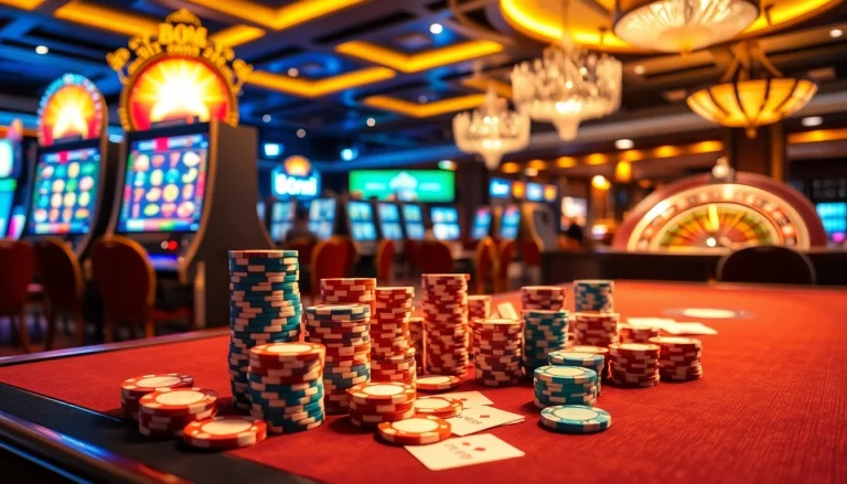 Experience the thrill of gaming at 88i's luxurious casino, showcasing poker chips and luminescent slot machines.