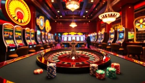 Experience the thrill of high-stakes gambling at KJC.ac with a luxurious casino scene featuring roulette and poker chips.