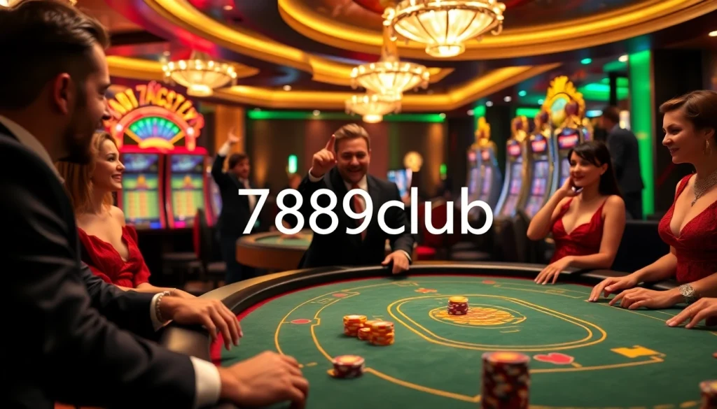 Exciting casino scene featuring 789club players at a poker table with chips and slot machines.