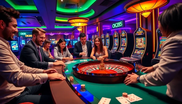 Players enjoying a thrilling game at OK365 casino, featuring poker and roulette tables.