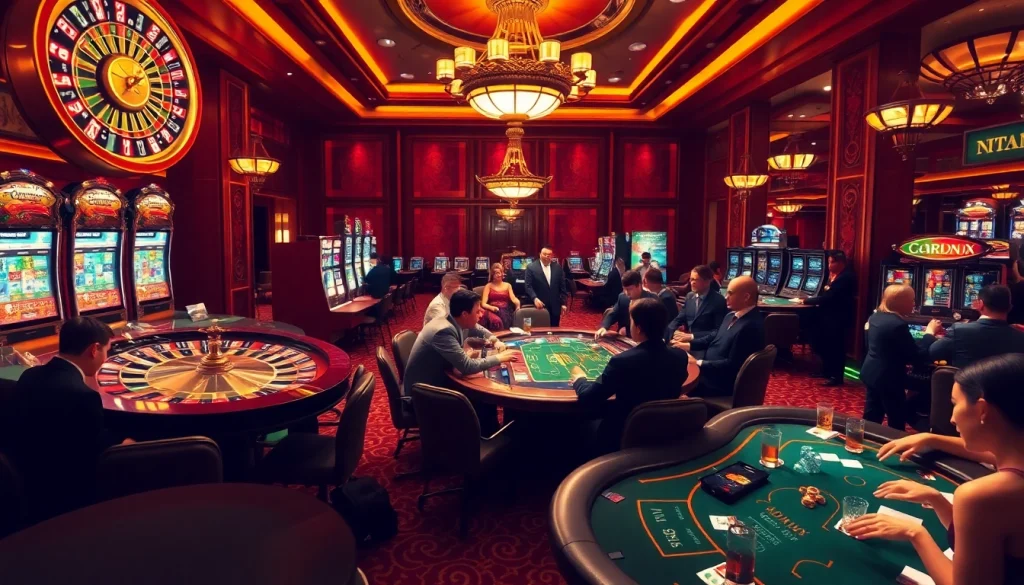 A thrilling casino scene with players enjoying games like roulette and poker, highlighting https://5mbcr.com/.