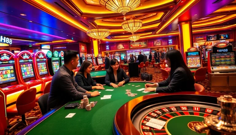 Experience the excitement of NH88 casino with vibrant tables and players making bets.
