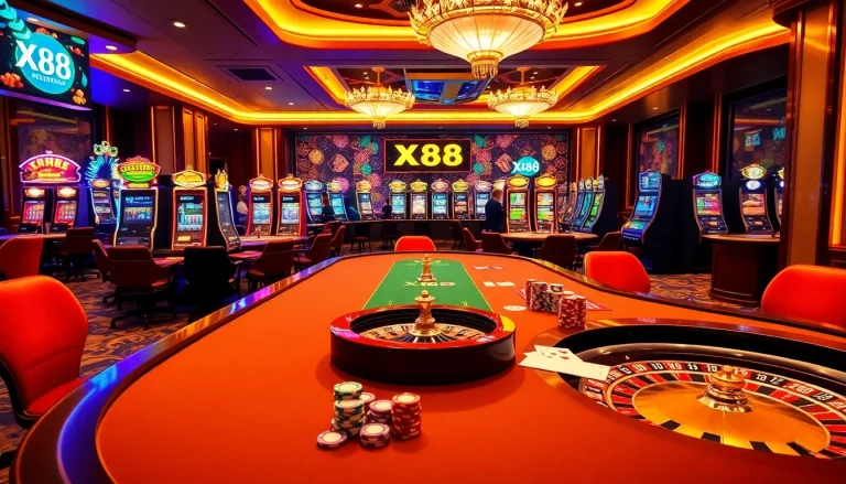 X88 players engaging in thrilling card games and roulette at a luxurious casino.