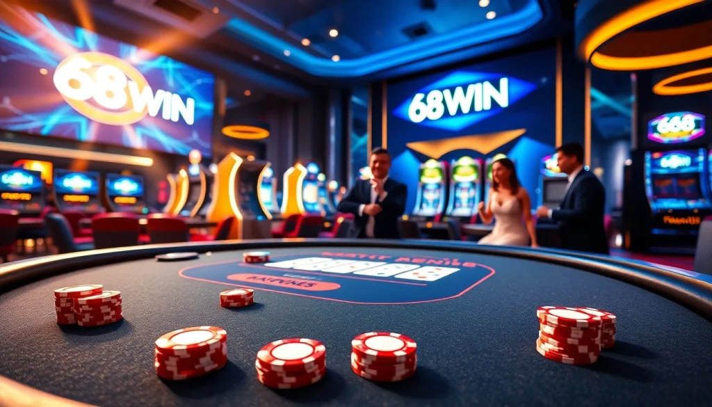 Players celebrate a winning hand at 68WIN's exciting blackjack table in a luxurious casino setting.