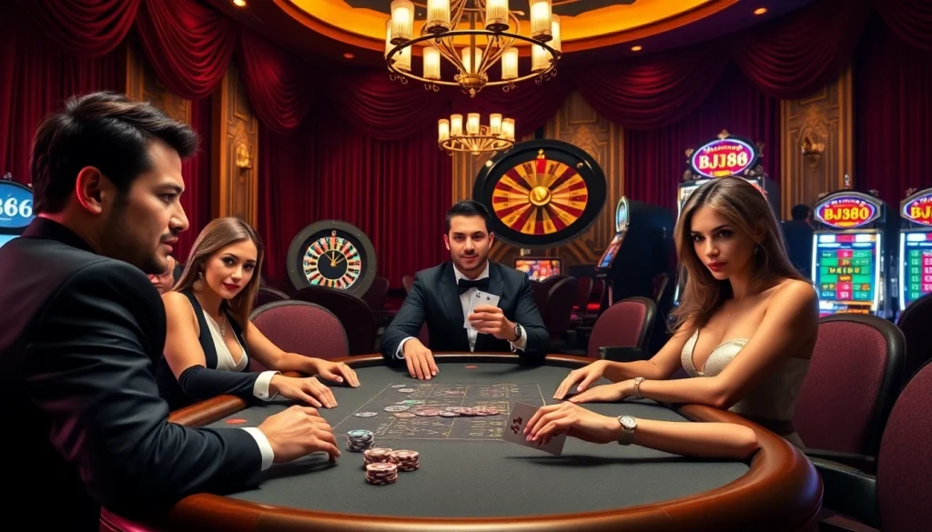 Players enjoying a high-stakes game at BJ88's luxurious poker table in a vibrant casino atmosphere.