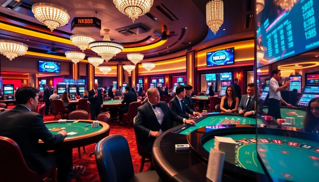 Exciting gameplay at NK88 casino with poker chips and cards in a luxurious setting.