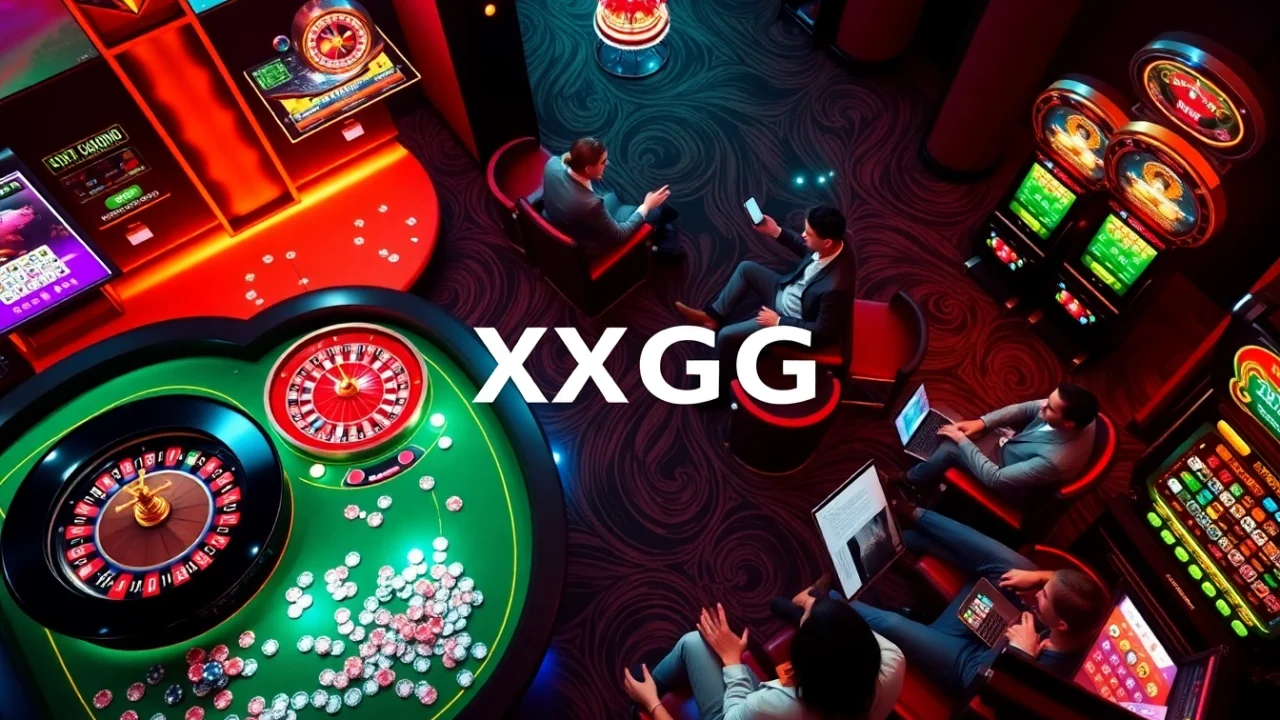 Engaging online gambling scene featuring XXGG casino tables and vibrant slot machines amidst luxury.