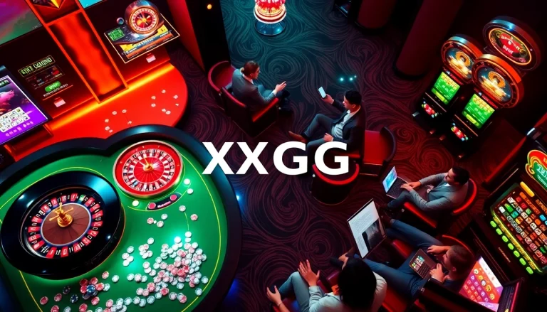 Engaging online gambling scene featuring XXGG casino tables and vibrant slot machines amidst luxury.