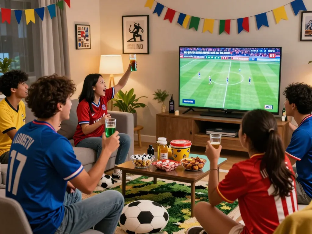 Excited fans enjoying a live LuongSonTV football match in a cozy setting.
