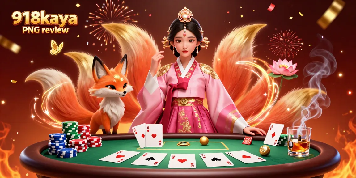 Engaging scene depicting 918kaya PNG review with Asian woman, a nine-tailed fox, and poker elements.