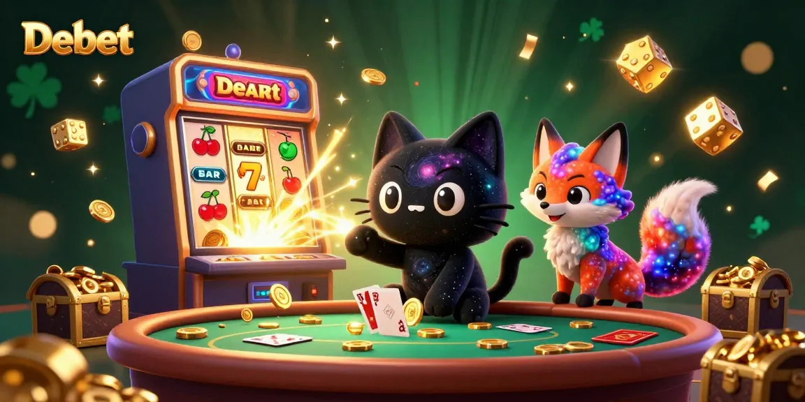 Engage in thrilling gambling adventures at Debet's cosmic casino with vibrant characters and jackpot elements.