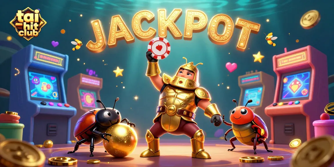 Spin the reels with tai hit club while a heroic beetle celebrates a jackpot amidst casino games.
