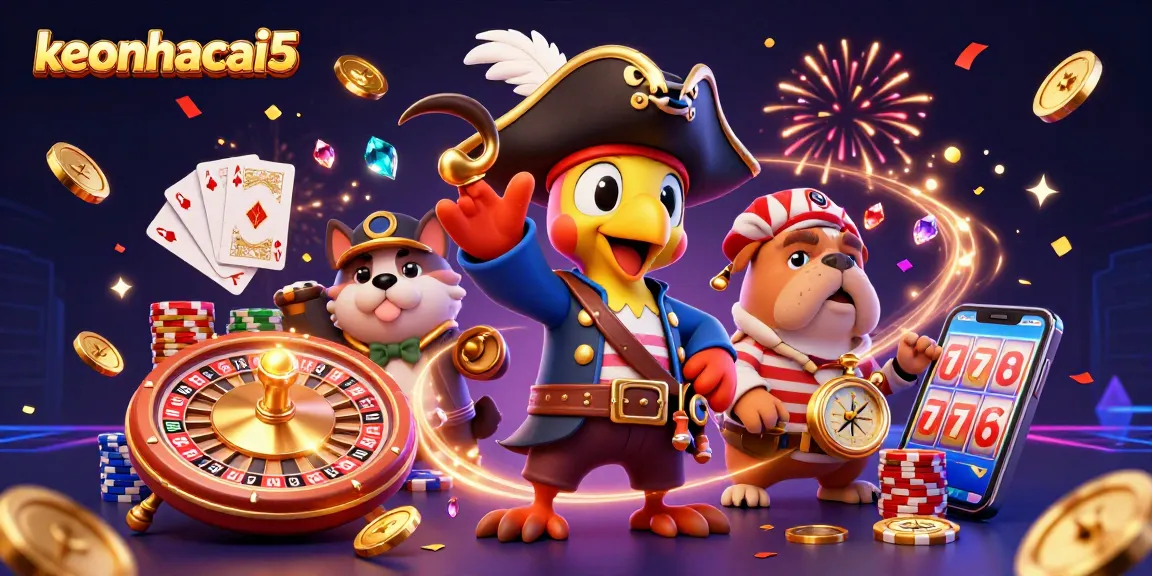 Experience exciting gameplay with keonhacai5 as the pirate captain leads in this vibrant casino scene.