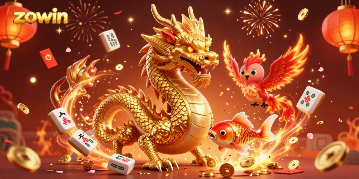 Engage with the dynamic charm of zowin's gaming universe featuring a golden dragon, phoenix, and koi fish.
