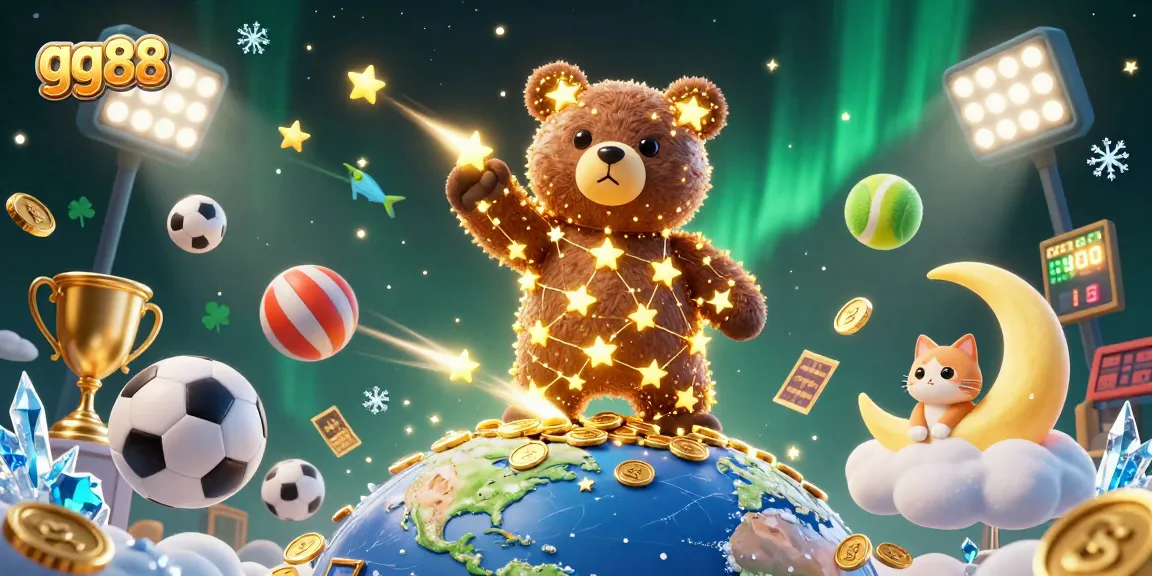 Engage with gg88's dynamic gaming experience featuring a constellation bear scooping coins amidst thrilling sports elements.