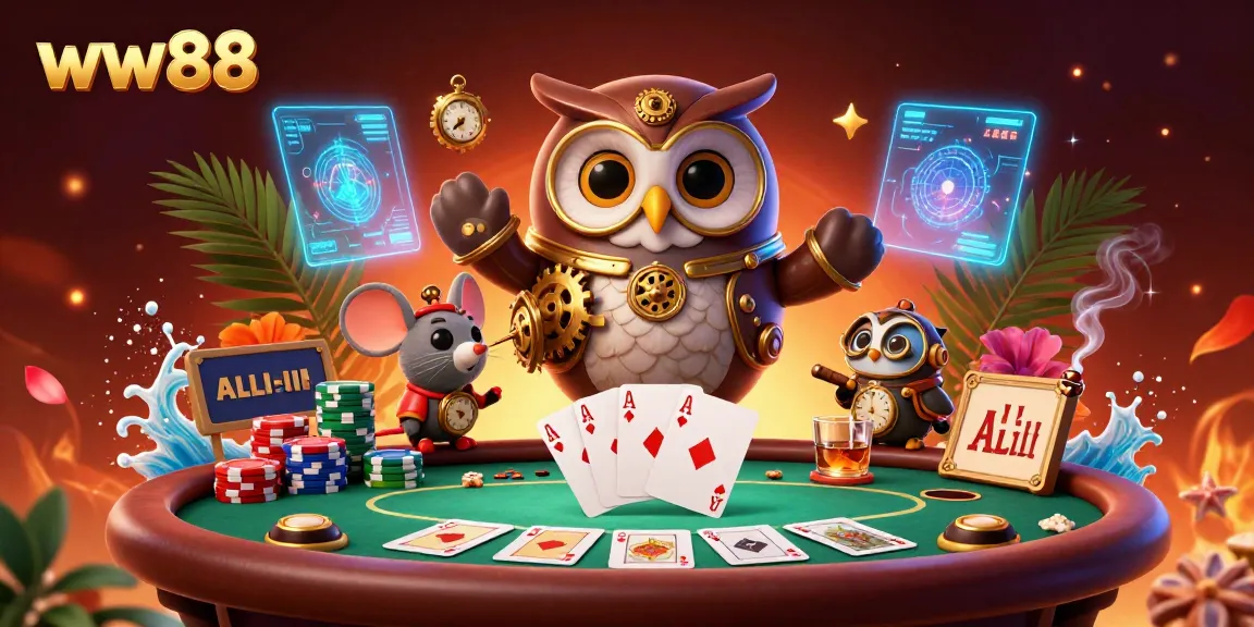 Engage in thrilling card action at ww88's steampunk casino featuring colorful poker chips and bold characters.