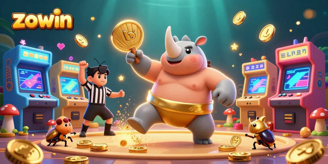 Zowin features a vibrant scene with a beetle champion surrounded by gold coins and colorful game elements.