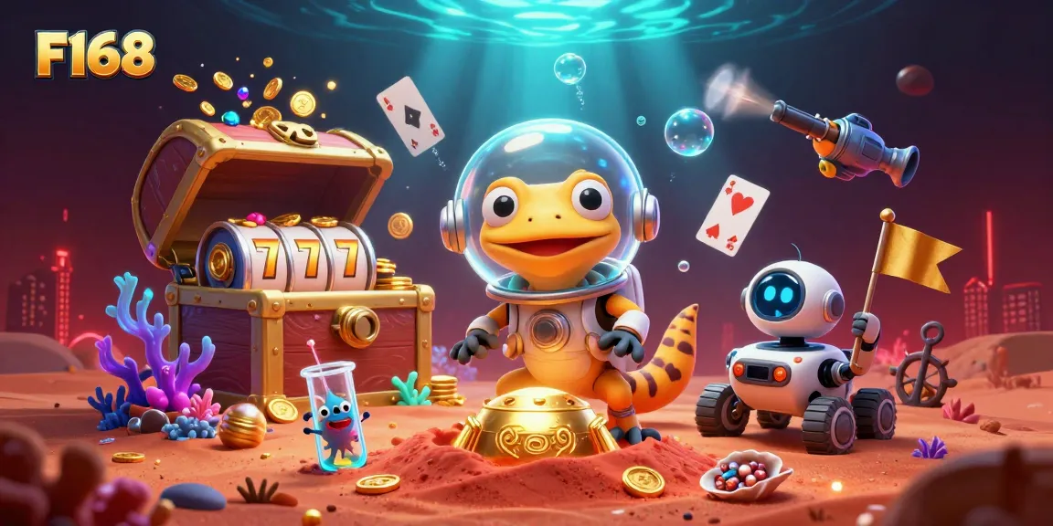 Immerse in the excitement of F168 with a Martian gecko discovering a vibrant casino filled with gold coins and jackpot reels.