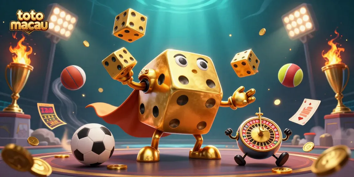 Engage in thrilling toto macau gaming with dynamic golden dice characters in a vibrant casino scene.