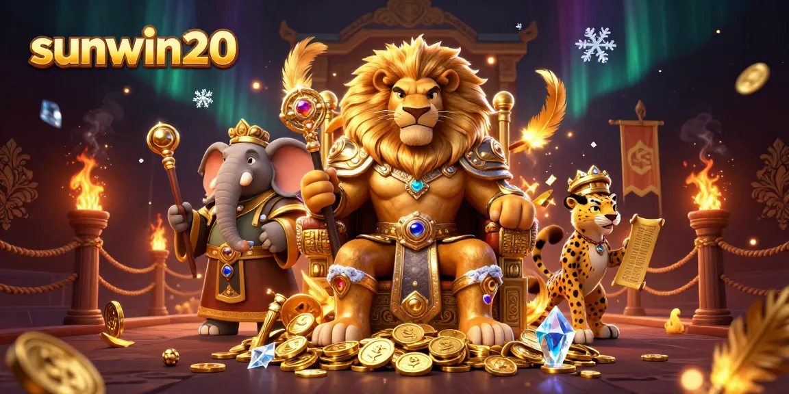 Engage with the thrill of winning at sunwin20, featuring a lion king on a coin throne amidst a vibrant casino scene.