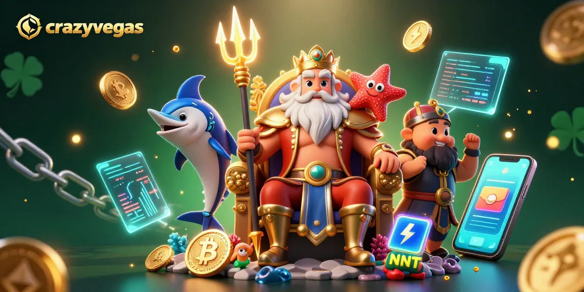 Experience the vibrant energy of crazyvegas in this 3D digital casino scene featuring Neptune and cryptocurrency elements.